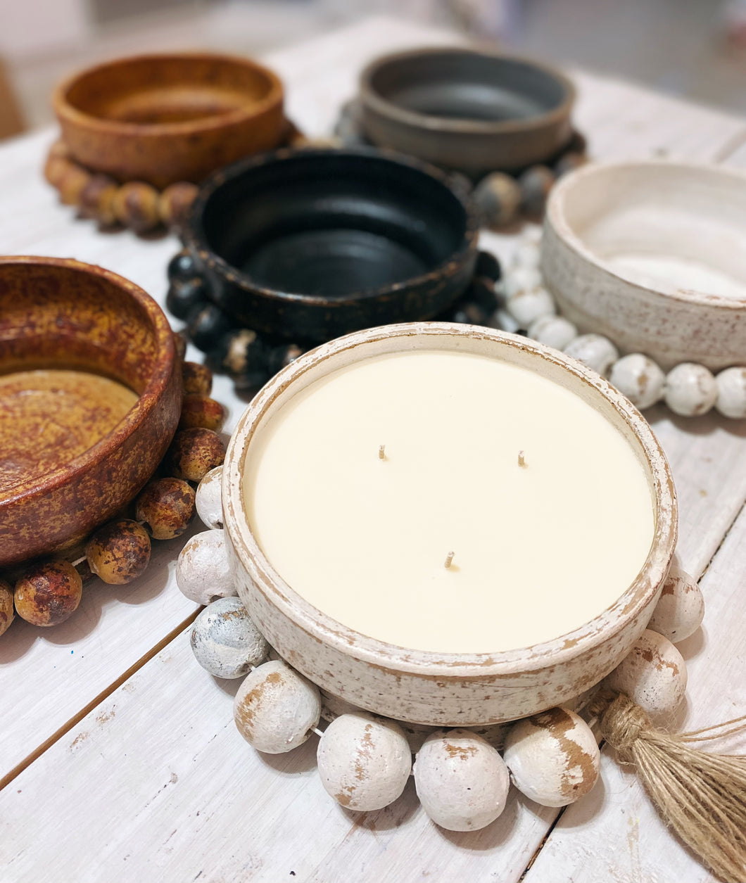 White Clay Bead Embellished Candle